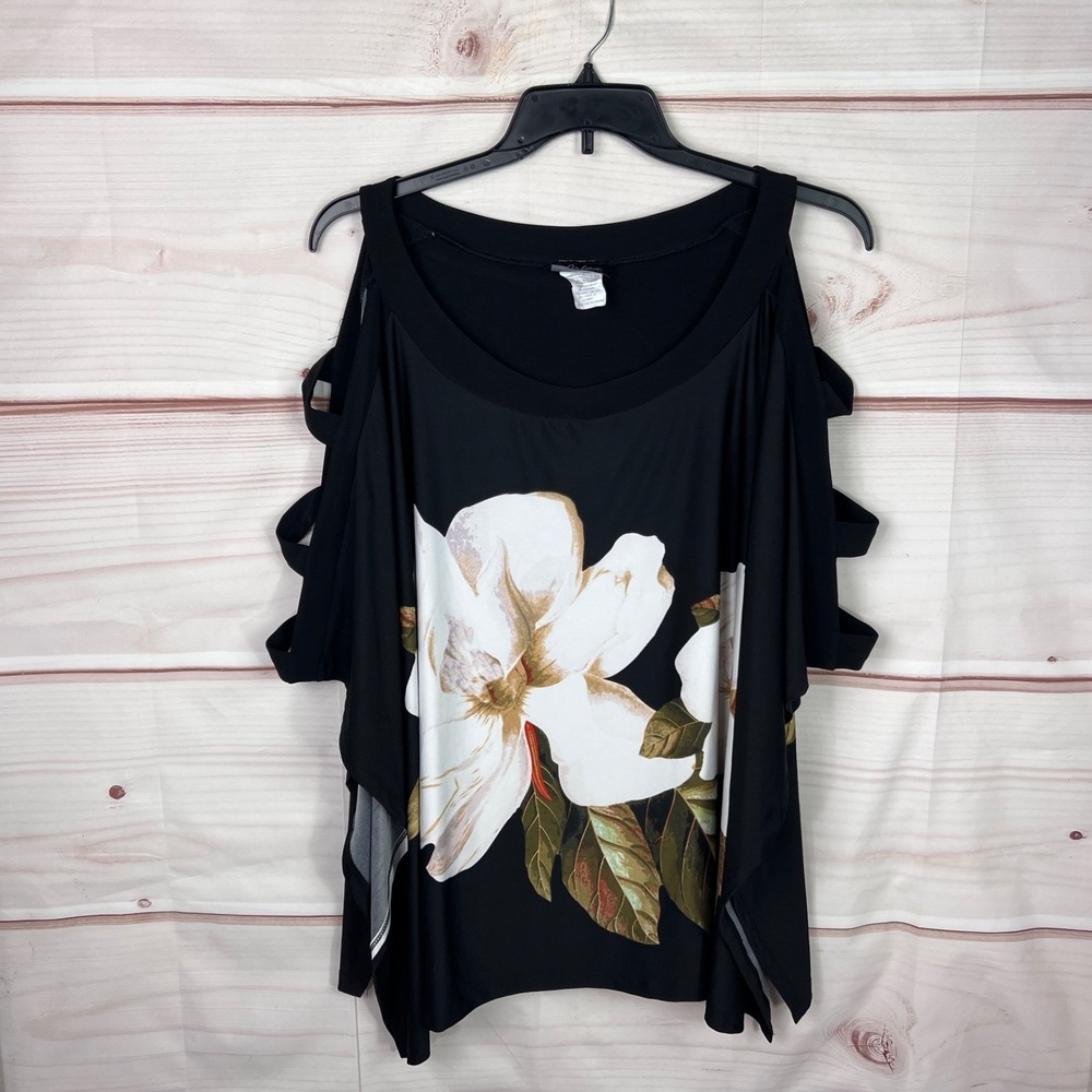 Artex Fashions Top Womens 1X Black Floral Blouse Poncho Knit Scoop Neck Cut Out